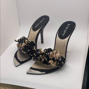 Women's Black and Gold Floral Heels
